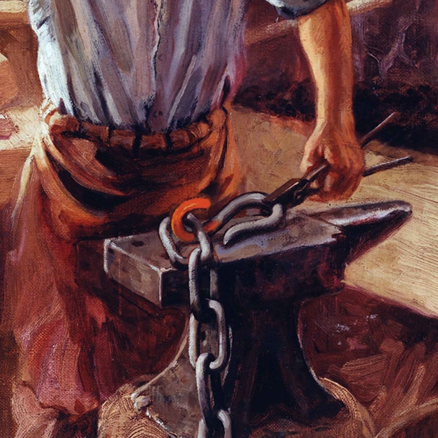Slika kako John Deere radi u kovačnici koju je naslikao Walter Haskell Hinton