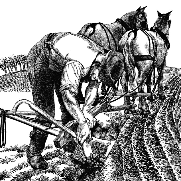 Crtana ilustracija koja prikazuje poljoprivrednika koji čisti zemlju sa svog čeličnog pluga