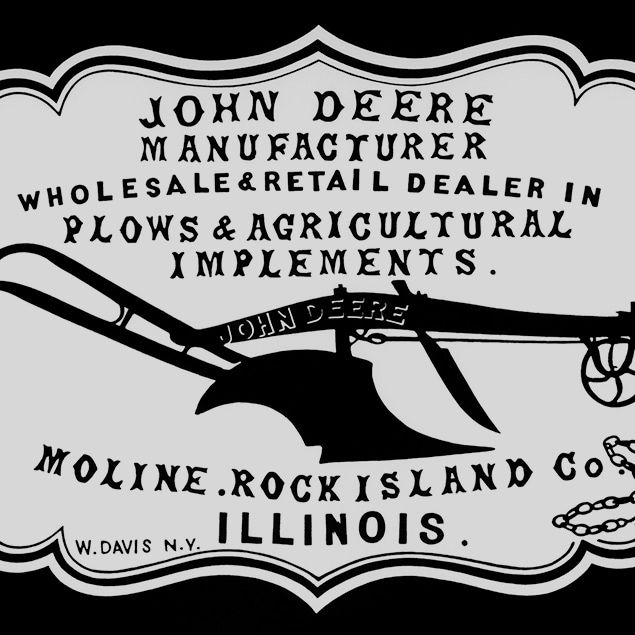 Povijesna reklama za trgovce iz 1855. godine „John Deere Manufacturer, wholesale & retail dealer in plows & agricultural implements. Moline, Rock Island Co. Illinois”