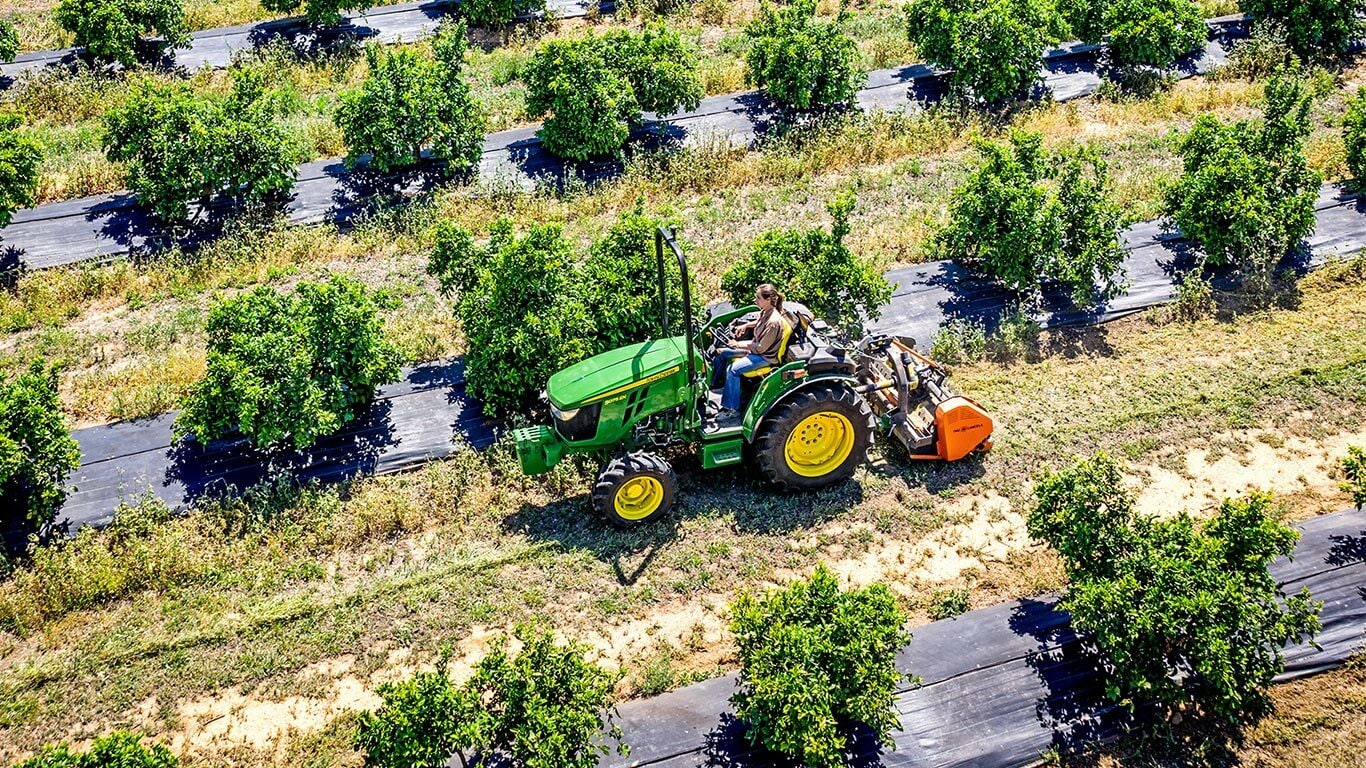Zeleni i žuti John Deere 5075EN traktor radi u voćnjaku, obrađujući tlo između redova voćaka prekrivenih podlogama za tlo.