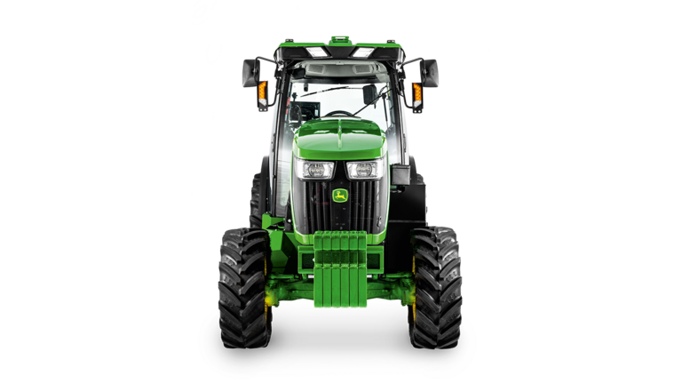 Pogled sprijeda na traktor John Deere 5075EN s jasno vidljivim prednjim reflektorima, rešetkom i blokom utega.