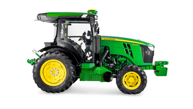 Bočni profil traktora John Deere 5090EN, naglašavajući dizajn kabine i velike stražnje gume.