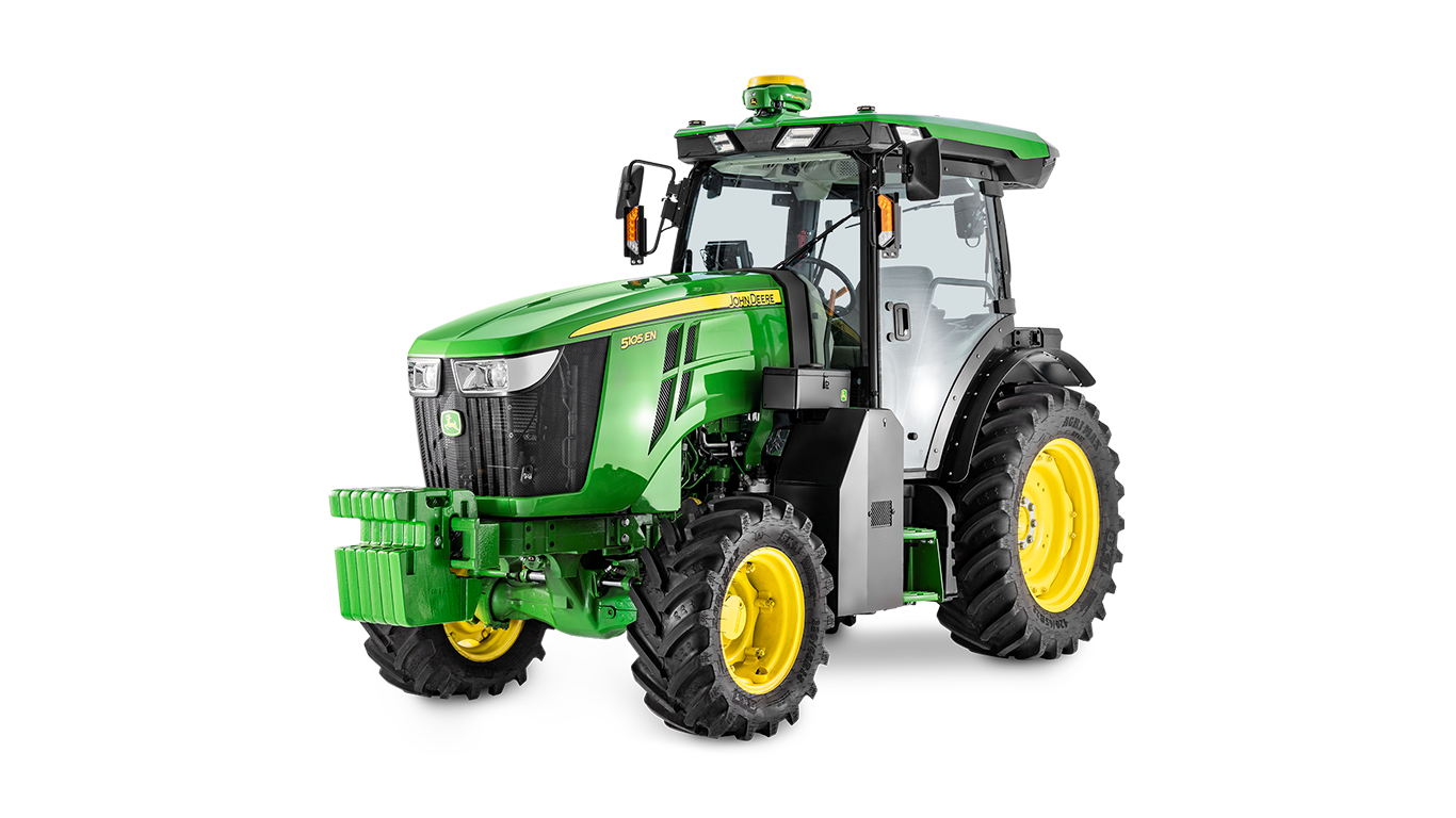 John Deere 5105EN traktor s kabinom, zelenim tijelom i žutim kotačima, prikazan pod kutom prema naprijed.